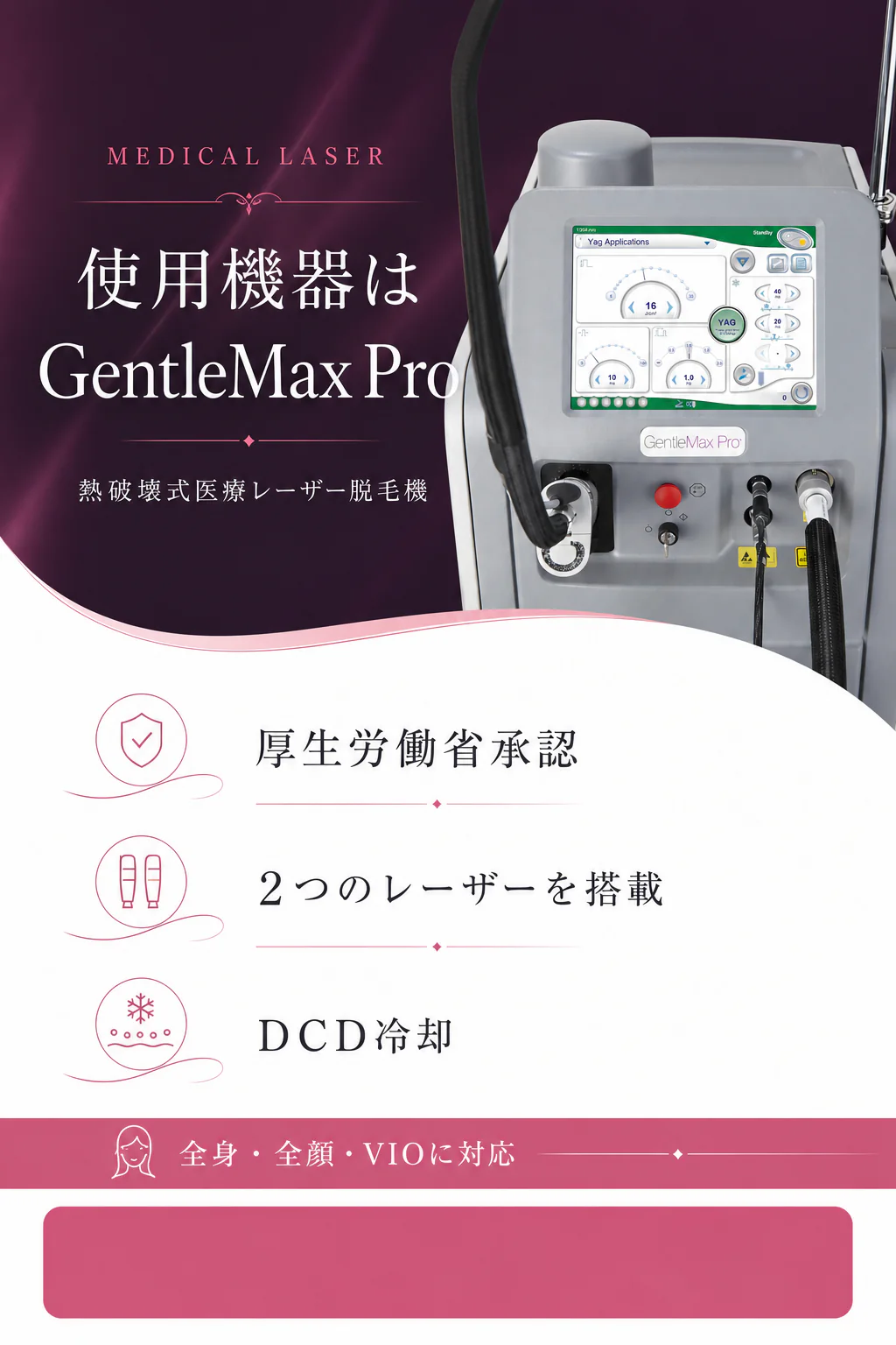 使用機器は厚生労働省承認の熱破壊式医療レーザー脱毛機GentleMax Pro。2つのレーザーとDCD冷却を搭載